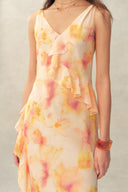 Linda Handpainted Floral Ruffle Sleeveless Dress in Lightweight Chiffon
