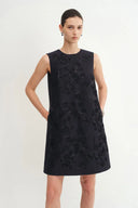 Zhen Ribbon Embroidery Short Sleeveless Dress in Silk-Wool Satin