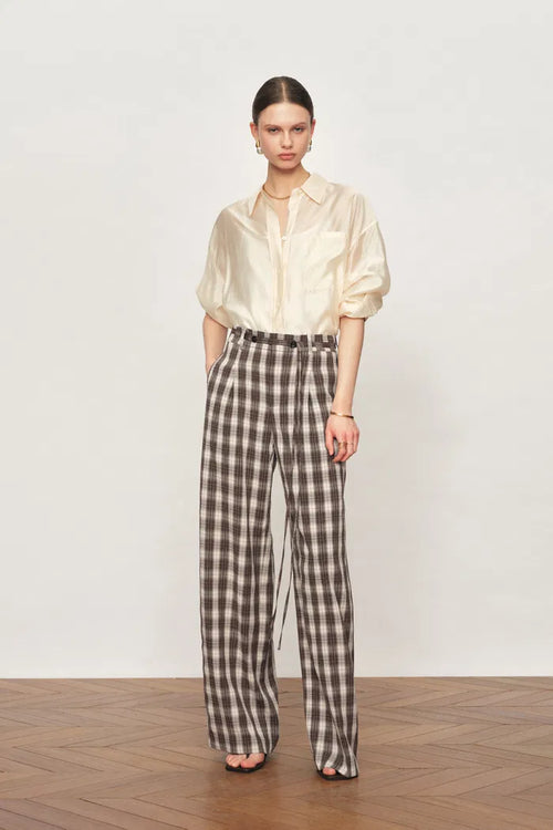 Joy Plaid Tie-Waist Straight Pants in Lightweight Plaid Fabric