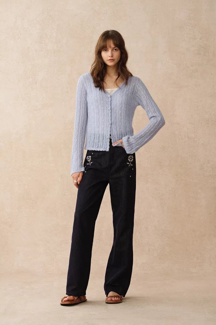 Serenity V Neck Sheer Cardigan in Lightweight Cable Knit