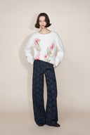 Mia Flora Straight Wide Leg Jeans in Cotton Jacquard Denim