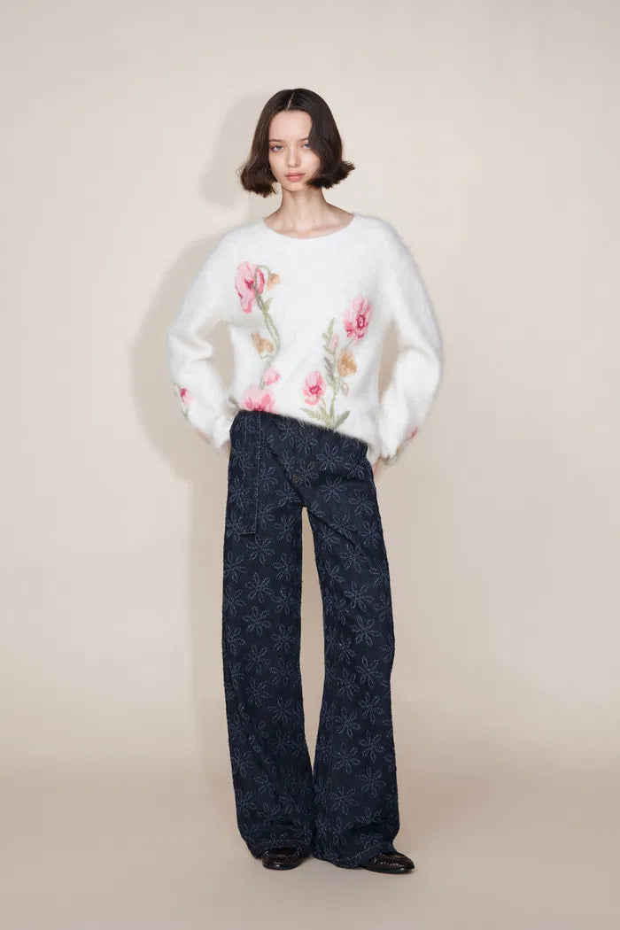 Mia Flora Straight Wide Leg Jeans in Cotton Jacquard Denim