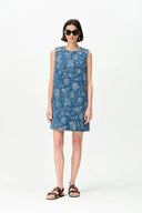 Iris Flora Laserwork Round Neck Short Dress in Cotton Denim