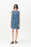 Iris Flora Laserwork Round Neck Short Dress in Cotton Denim