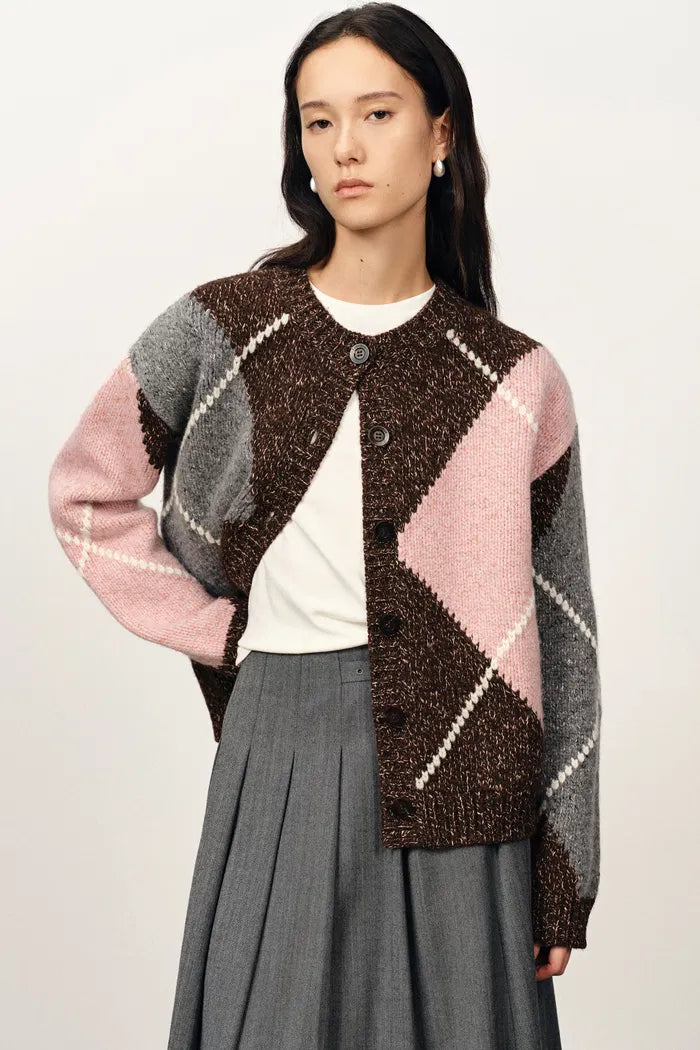 Ganache Contrast Check Cardigan in Coarse-Spun Merino Wool Knit