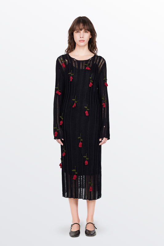 Convallaria Handwoven Crochet Long Sleeve Dress in Cotton Viscose Knit