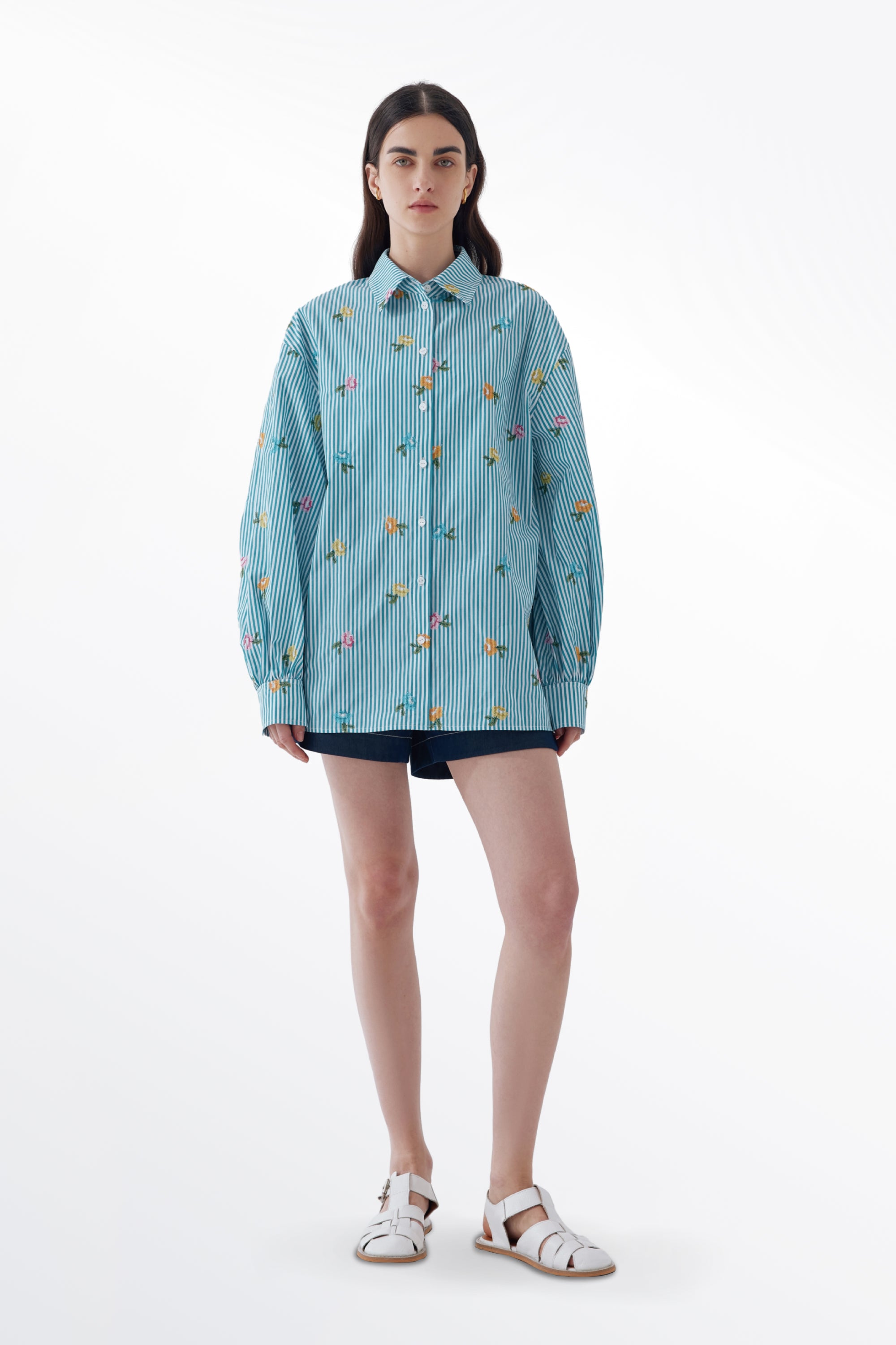 Suvi Striped Floral Embroidery Shirt in Combed Cotton