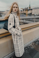 Fleur Textured Plaid Belted Long Coat in Wool Blend