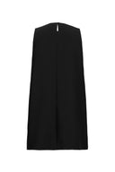 Back view of black silk-wool blend sleeveless dress with straight silhouette and rear keyhole detail