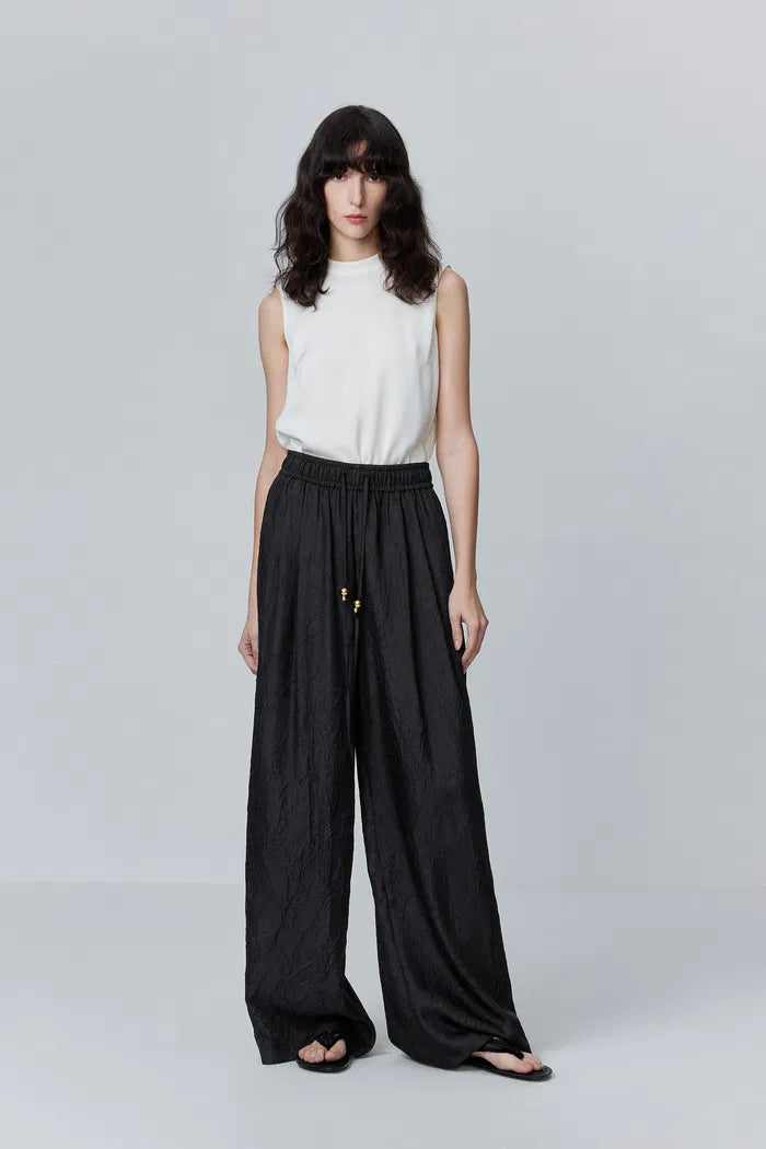 Louise Textured Loose Boho Pants in Wrinkled Satin
