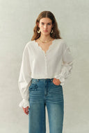 Janus Lace-Trim V-Neck Shirt In Crinkle Cotton