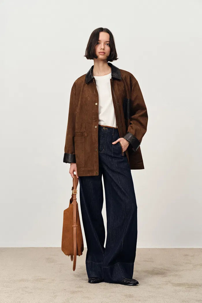 Arden Adjustable Drawstring Leather Jacket in Faux Suede