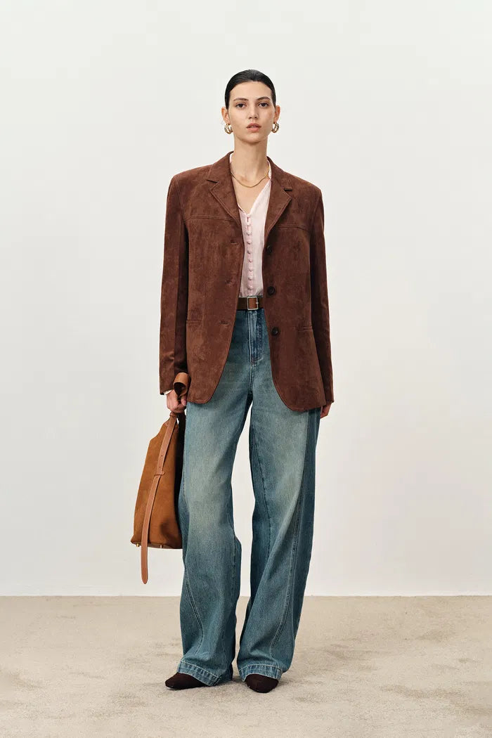 Verdi Curved Hem Loose Suit Blazer in Faux Suede