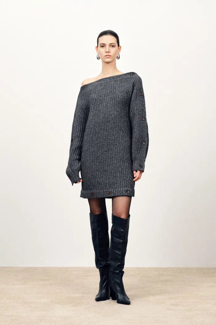 Kylie Adjustable Off Shoulder Dress in Coarse-Spun Merino Wool Knit