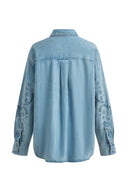 Vinetta Curved Button Placket Floral Embroidered Shirt in Cotton Linen Denim