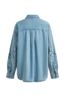 Vinetta Curved Button Placket Floral Embroidered Shirt in Cotton Linen Denim