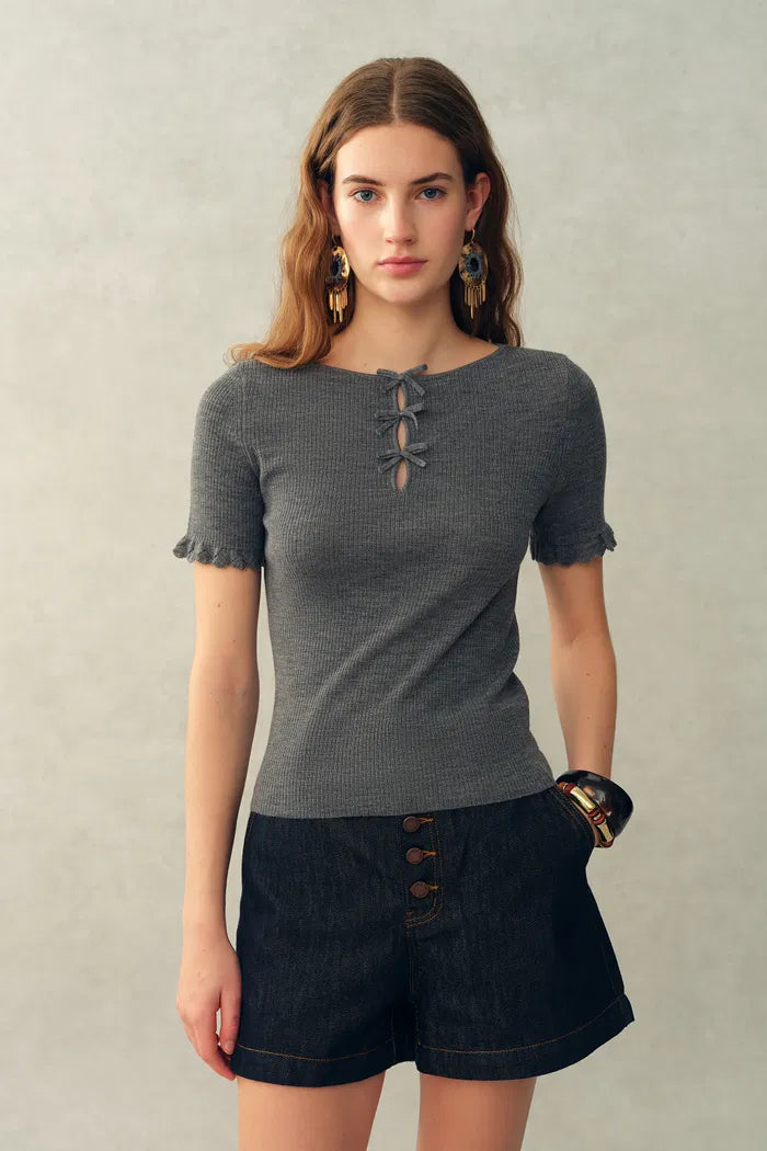 Iris Bow-Detail Ruffle-Cuff Top in Sheep Wool Knit