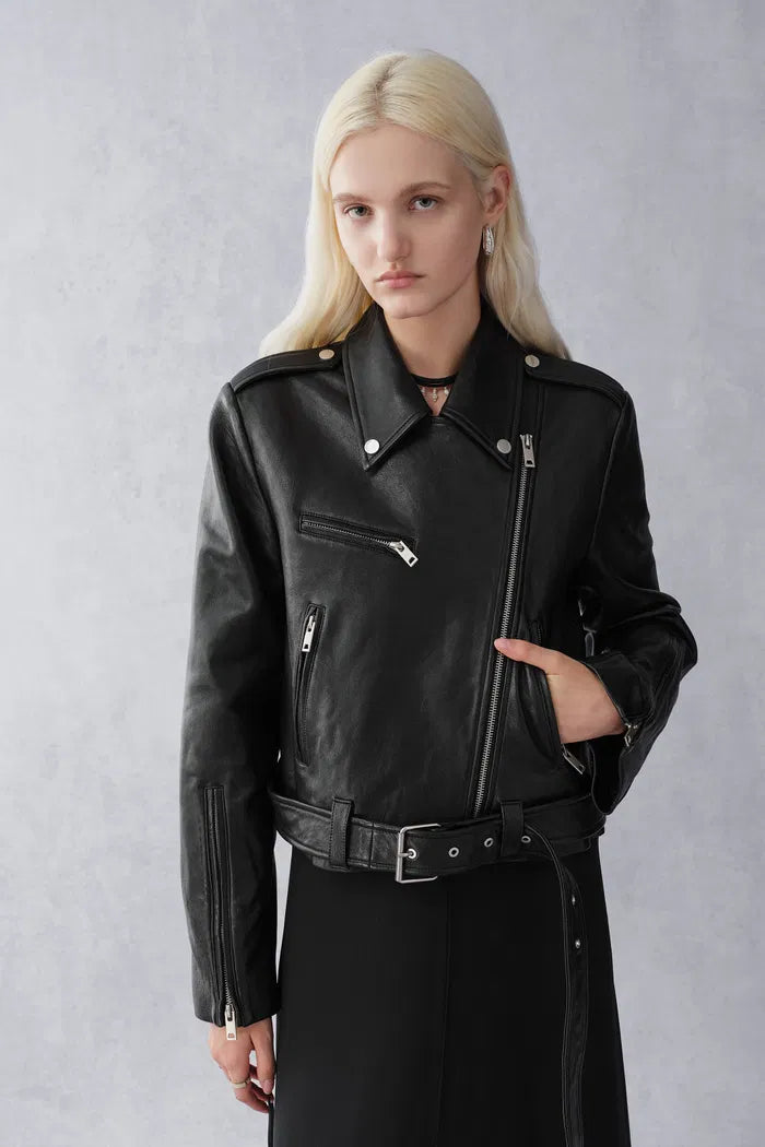 Olympe Slanted Placket Biker Jacket in Sheepskin Leather