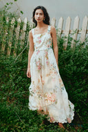 Xena Aquarell Flora Besticktes Trägerkleid aus Seide-Leinen