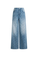 Elyra Polka Dot Straight Wide Leg Jeans in Lightweight Cotton Denim