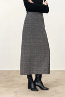 Lola Leather Accent Straight Midi Skirt in Merino-Silk Welsh Check