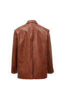 Earth tone eco wax leather blazer with buttoned cuffs, back view isolated on white background.