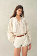 Charlie Boho Mother of Pearl Studded Side Tassel Tie Vest Top and Shorts Set in Cotton Denim