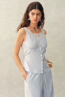 Lone Striped Embroidered Sleeveless Lace Trim Cami Top in Crinkled Cotton