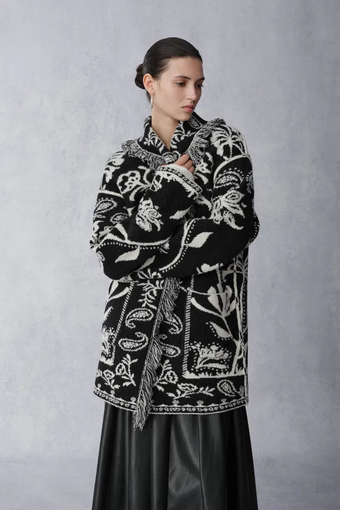Cloe Paisley Jacquard Long Wrap Cardigan in Merino Wool Knit