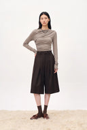 Yuri Brown Wide Pleated Cropped Culottes in Wool Blend