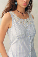 Lone Striped Embroidered Sleeveless Lace Trim Cami Top and Pants Set in Crinkled Cotton