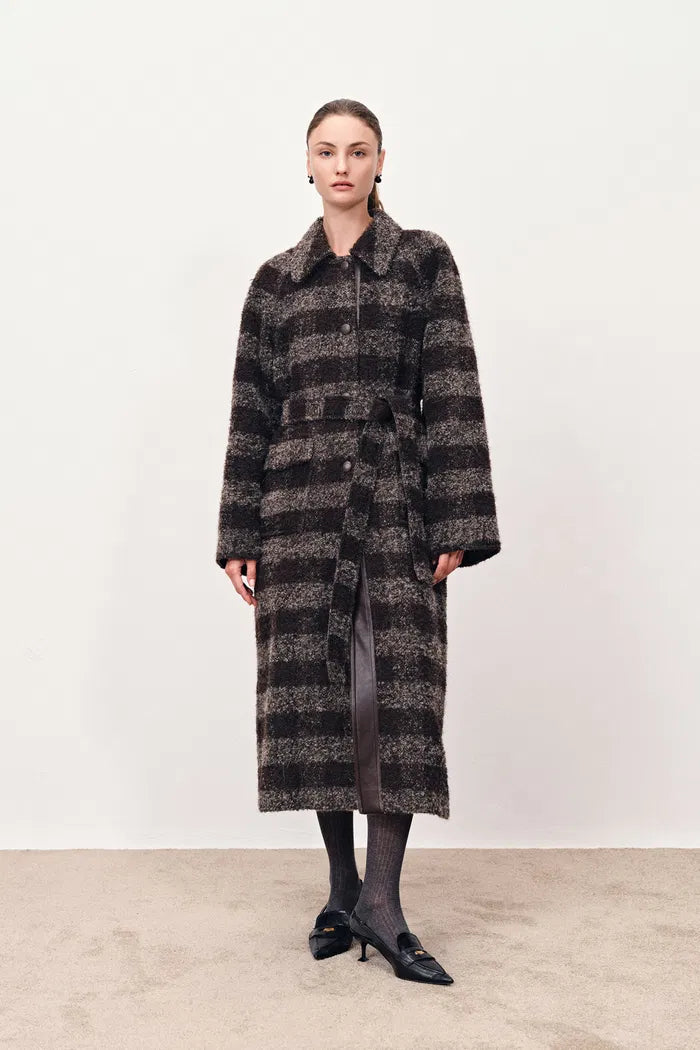 Camila Leatehr Accent Checkered Coat in Bouclé Wool