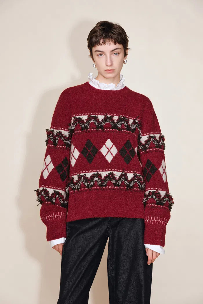 Crimson 3D Argyle Sweater in Merino Wool Loop Bouclé Yarn