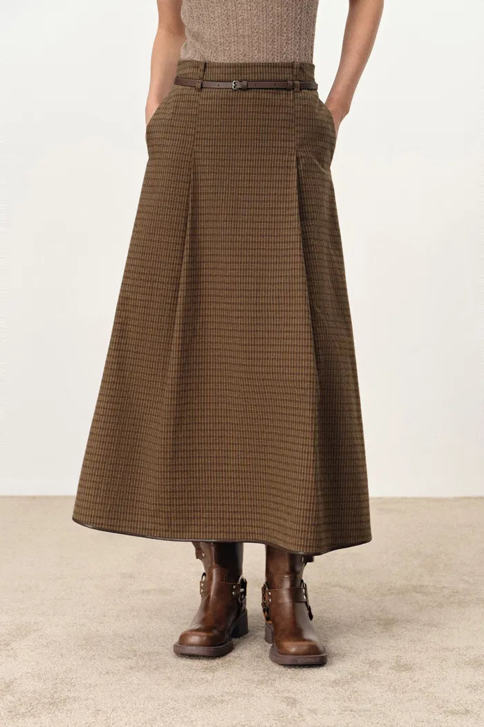 Naomi Leather Belted Plaid Skirt in Cotton Flannel