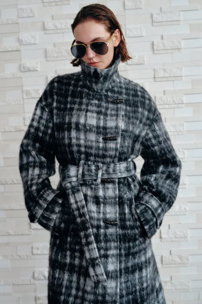 Gingham Plaid Lapel Wool Coat in Merino Cashmere Double Face