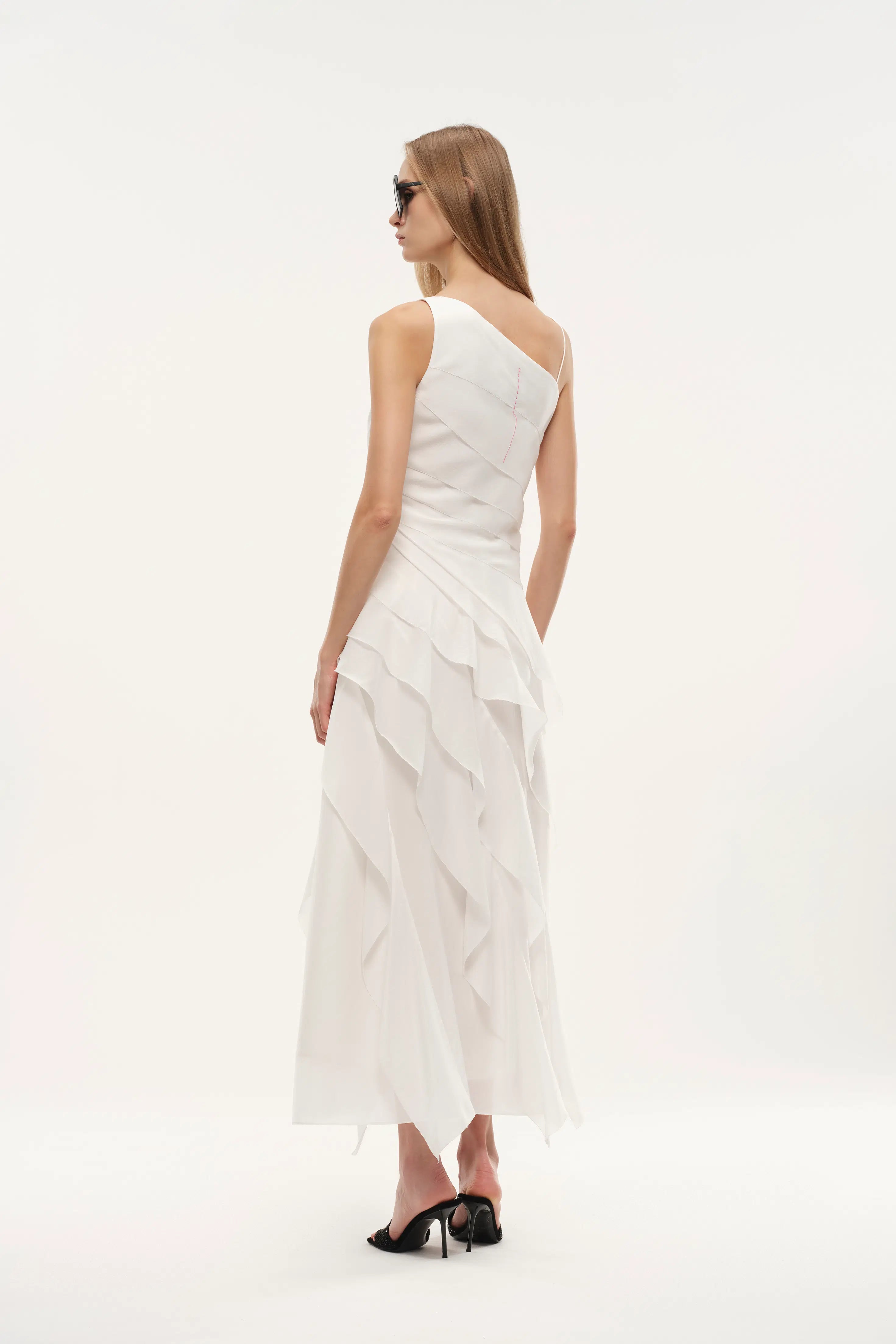 Cascade Ruffled Tie-Front One Shoulder Dress in Mulberry Silk M