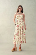 Ria Smocked Pomegranate Print Strap Dress with Built-In Cups in Linen Blend