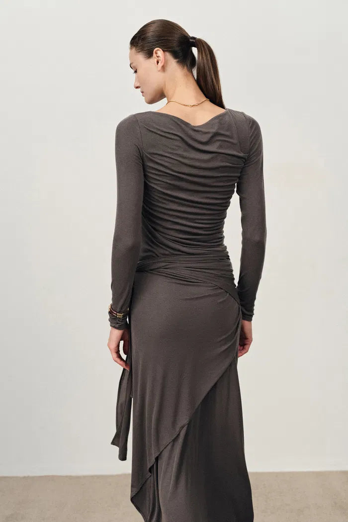 Viet Runched Pleated Long Sleeve Maxi Dress in Tencel Merino Knit