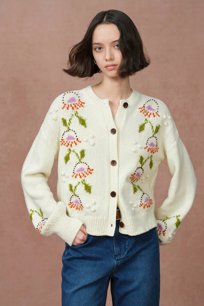 Saga Floral Cardigan in Merino Wool Knit