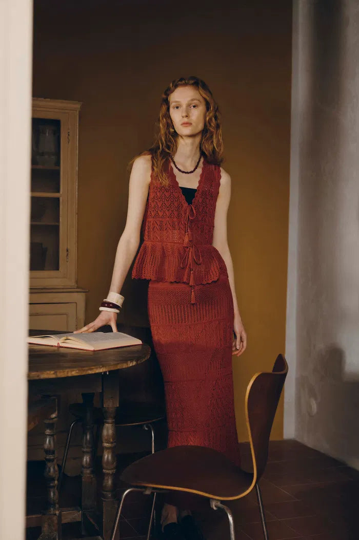 Grazia Heart Shaped Openwork Sleeveless Top and Skirt Set in Linen Blend