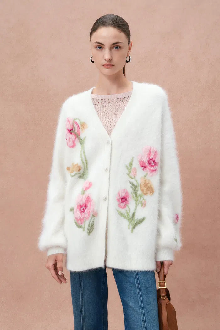 Papaver 3D Floral Embroidered Cardigan in  in Alpaca Blend Knit