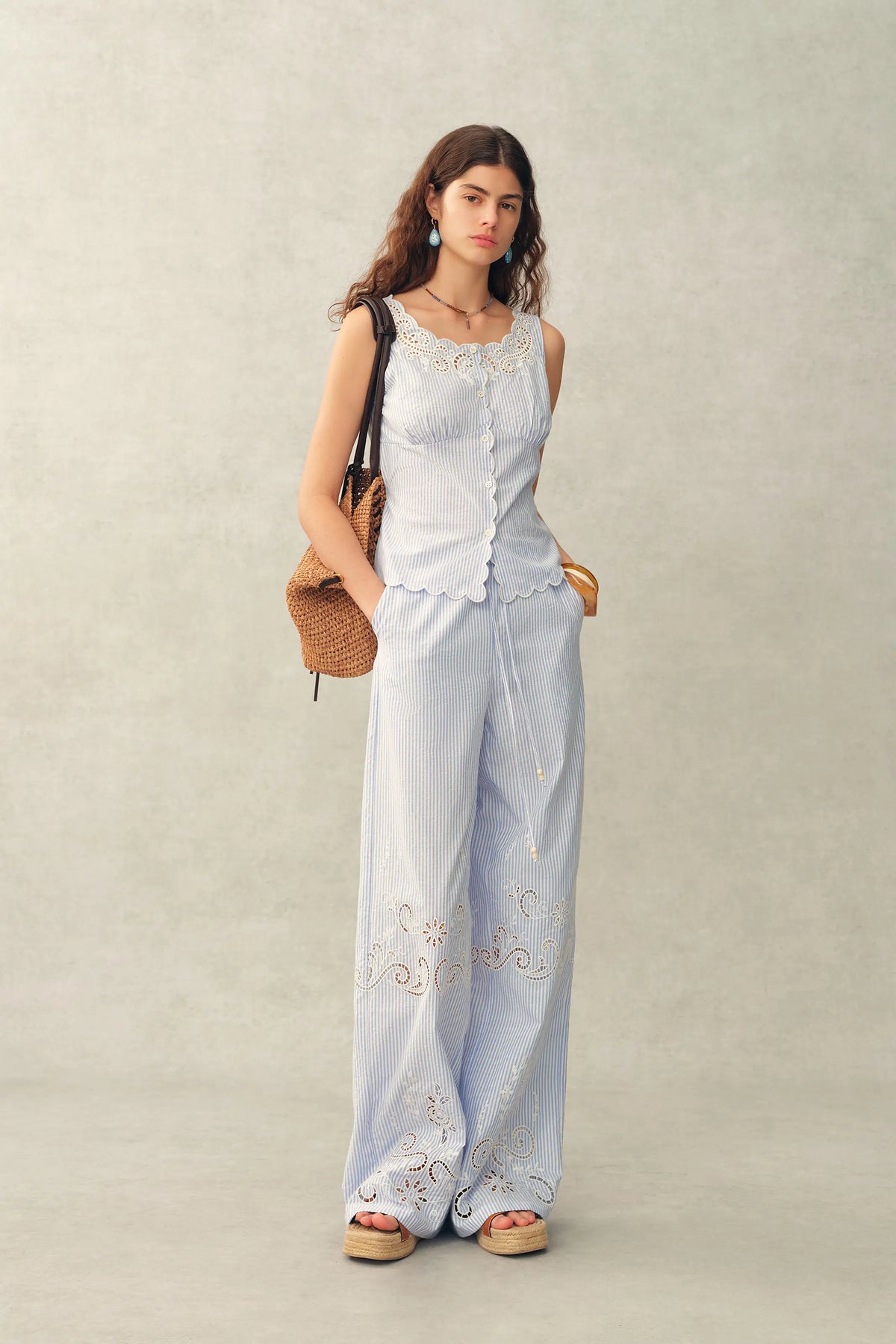 Lone Striped Embroidered Sleeveless Lace Trim Cami Top and Pants