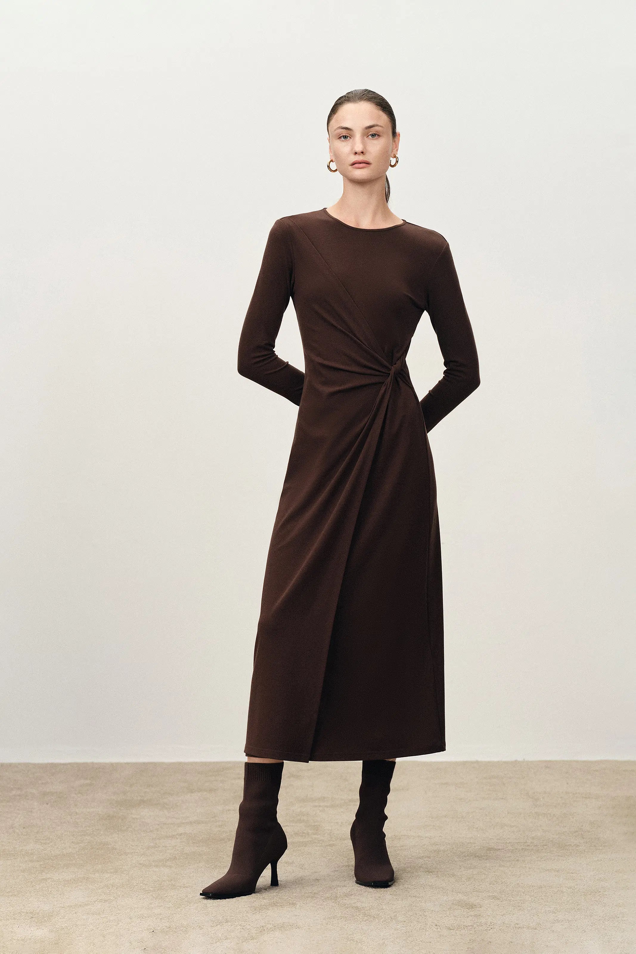Grace Twisted Drape Long Sleeve Maxi Dress in Tencel-Wool Knit XS