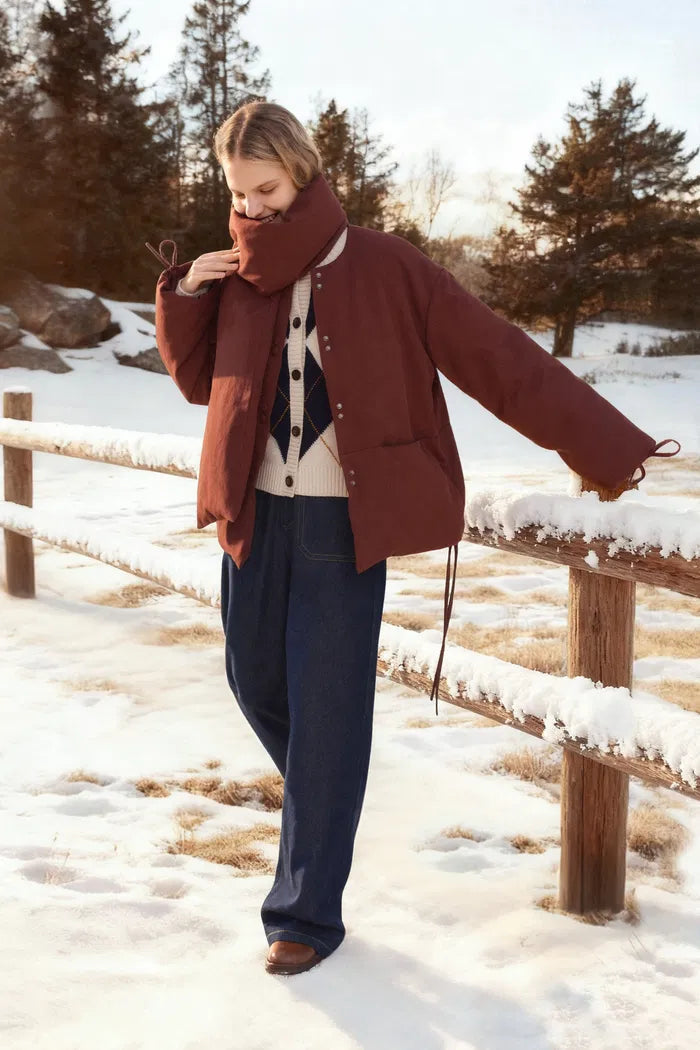 Aimee Detachable Scarf Down Jacket in Hollow Yarn Fine Twill