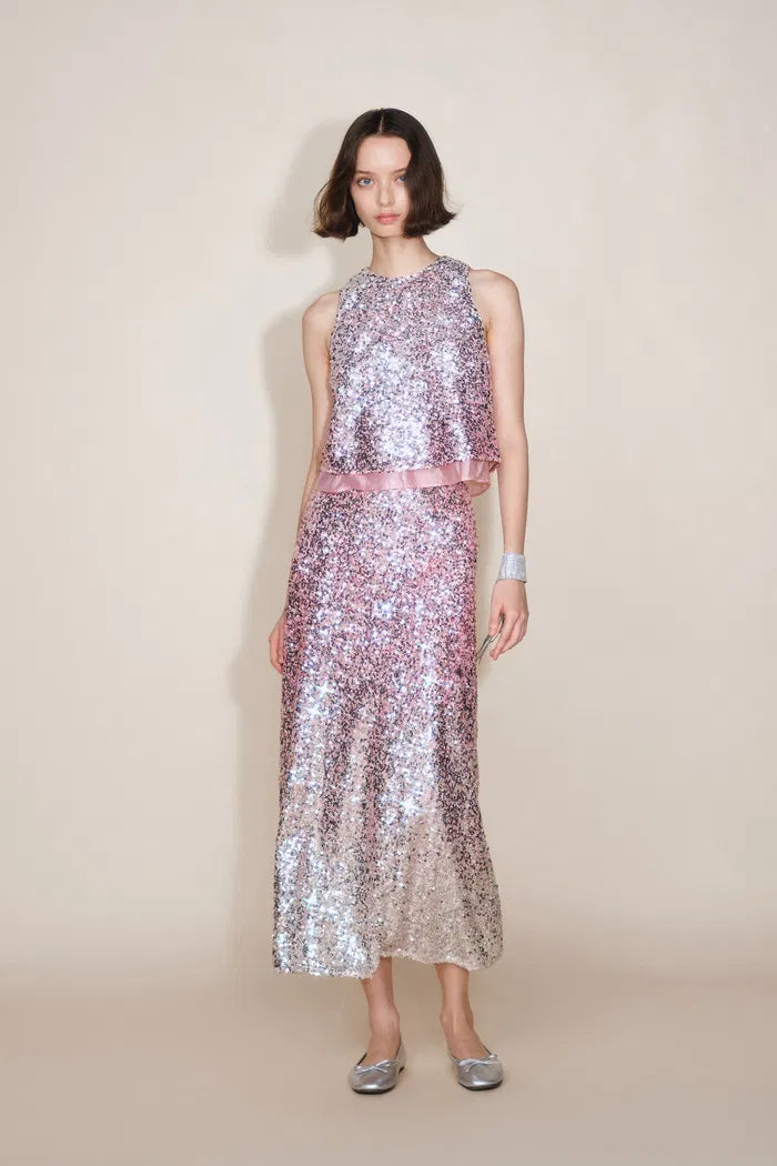Electra Hand Finished Ombre Midi Skirt in Full Sequin Embroidery