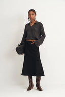 Nyssa Flared Midi Skirt in Stretchy Denim