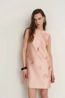 Luminere Beaded Floral Applique Sleeveless Short Dress in Silk-Wool Satin