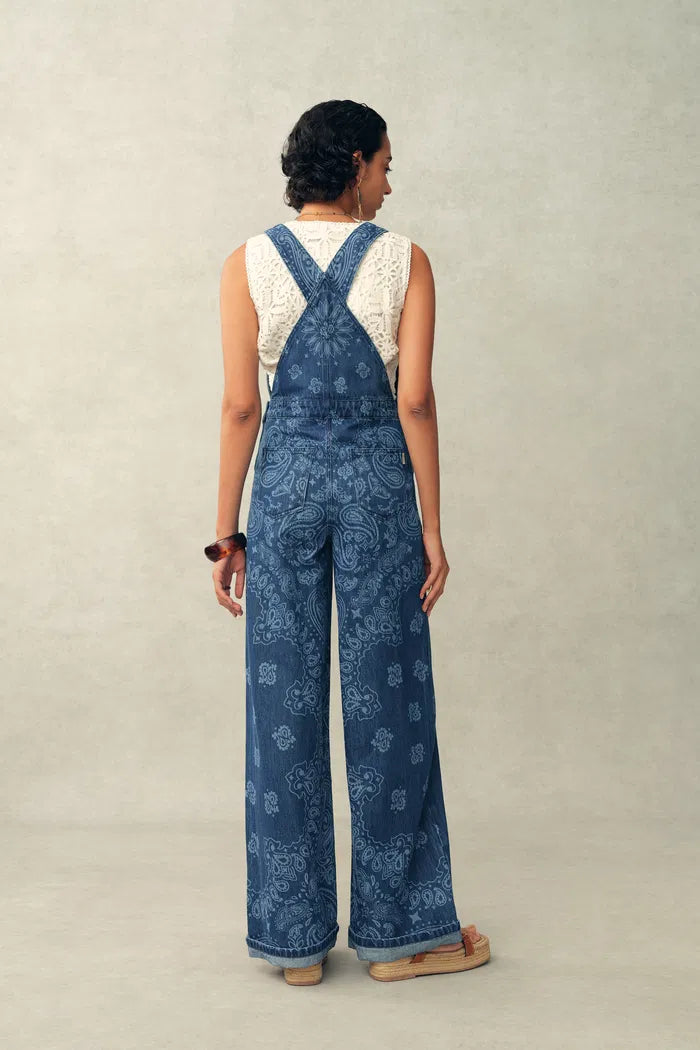 Hazel Laser-Print Paisley Denim Overalls in Cotton Denim