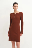 Emily Red Henley Collar Fitted Short Dress in Merino Wool Knit