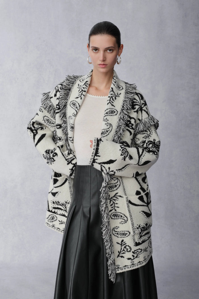 Cloe Paisley Jacquard Long Wrap Cardigan in Merino Wool Knit Cloe Paisley Jacquard Long Wrap Cardigan in Merino Wool Knit